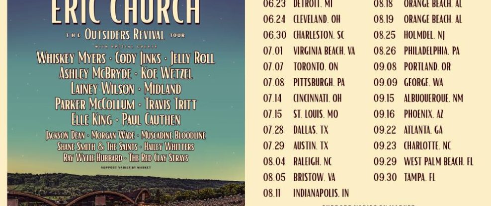 Eric Church Announces The Outsiders Revival Tour With Guests Jelly Roll, Elle King, Whiskey Myers, & More